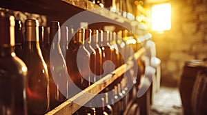 Row of Wine Bottles on Wooden Shelf in Wine Cellar