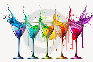 Row of wine glasses filled with different colored liquids on white background. Generative AI