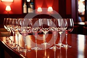 Row of wine glasses in restaurant or dinner party, elegant luxury arrangement