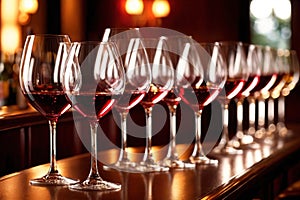 Row of wine glasses in restaurant or dinner party, elegant luxury arrangement