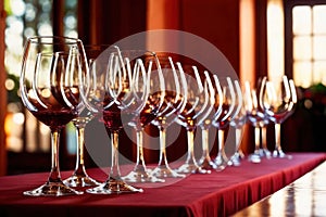 Row of wine glasses in restaurant or dinner party, elegant luxury arrangement