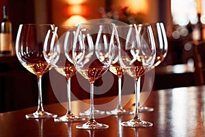 Row of wine glasses in restaurant or dinner party, elegant luxury arrangement