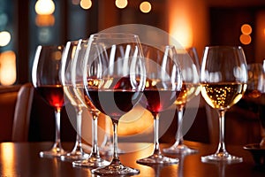 Row of wine glasses in restaurant or dinner party, elegant luxury arrangement