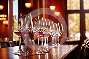 Row of wine glasses in restaurant or dinner party, elegant luxury arrangement