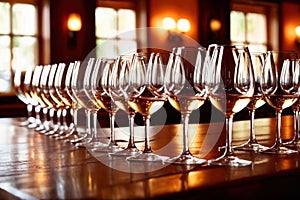 Row of wine glasses in restaurant or dinner party, elegant luxury arrangement