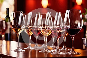 Row of wine glasses in restaurant or dinner party, elegant luxury arrangement