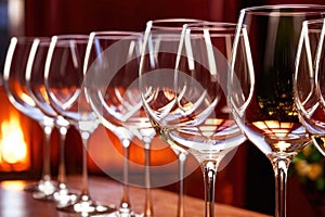 Row of wine glasses in restaurant or dinner party, elegant luxury arrangement