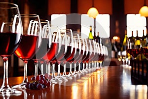 Row of wine glasses in restaurant or dinner party, elegant luxury arrangement