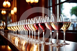 Row of wine glasses in restaurant or dinner party, elegant luxury arrangement