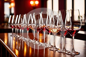 Row of wine glasses in restaurant or dinner party, elegant luxury arrangement