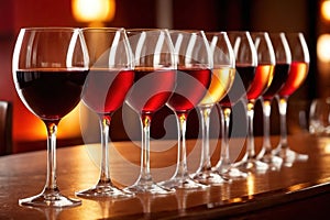 Row of wine glasses in restaurant or dinner party, elegant luxury arrangement