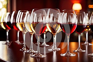 Row of wine glasses in restaurant or dinner party, elegant luxury arrangement