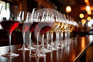 Row of wine glasses in restaurant or dinner party, elegant luxury arrangement