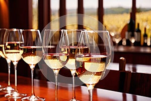 Row of wine glasses in restaurant or dinner party, elegant luxury arrangement