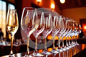 Row of wine glasses in restaurant or dinner party, elegant luxury arrangement