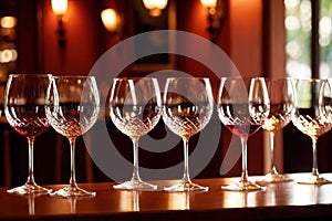 Row of wine glasses in restaurant or dinner party, elegant luxury arrangement