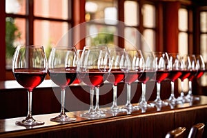 Row of wine glasses in restaurant or dinner party, elegant luxury arrangement