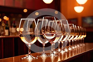 Row of wine glasses in restaurant or dinner party, elegant luxury arrangement