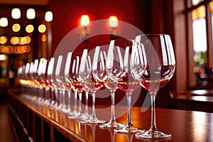 Row of wine glasses in restaurant or dinner party, elegant luxury arrangement