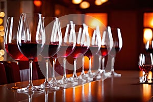 Row of wine glasses in restaurant or dinner party, elegant luxury arrangement