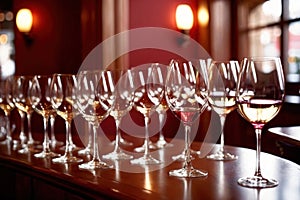 Row of wine glasses in restaurant or dinner party, elegant luxury arrangement