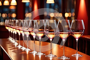 Row of wine glasses in restaurant or dinner party, elegant luxury arrangement