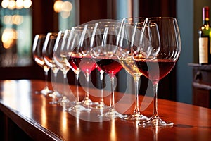 Row of wine glasses in restaurant or dinner party, elegant luxury arrangement