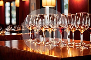 Row of wine glasses in restaurant or dinner party, elegant luxury arrangement