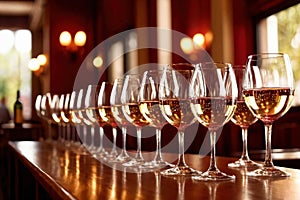 Row of wine glasses in restaurant or dinner party, elegant luxury arrangement