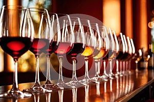 Row of wine glasses in restaurant or dinner party, elegant luxury arrangement