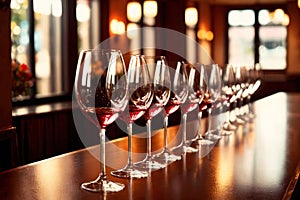 Row of wine glasses in restaurant or dinner party, elegant luxury arrangement