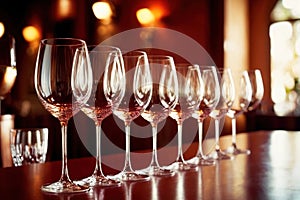 Row of wine glasses in restaurant or dinner party, elegant luxury arrangement