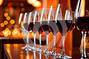 Row of wine glasses in restaurant or dinner party, elegant luxury arrangement