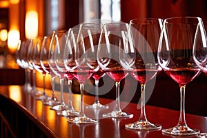 Row of wine glasses in restaurant or dinner party, elegant luxury arrangement