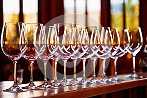 Row of wine glasses in restaurant or dinner party, elegant luxury arrangement