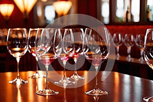 Row of wine glasses in restaurant or dinner party, elegant luxury arrangement