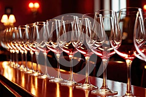 Row of wine glasses in restaurant or dinner party, elegant luxury arrangement