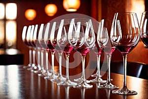 Row of wine glasses in restaurant or dinner party, elegant luxury arrangement