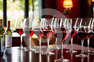 Row of wine glasses in restaurant or dinner party, elegant luxury arrangement