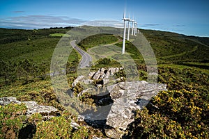 Row of winf turbines in the Galician countryside