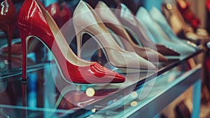 Row of women's classic high heel stiletto leather shoes on display on the shelf at a store