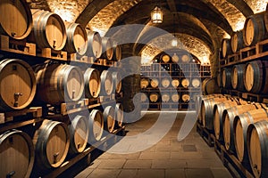 A row of wooden barrels stacked on top of each other