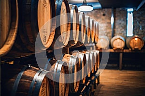 A row of wooden barrels stacked on top of each other