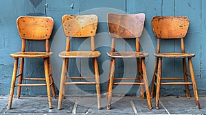 A row of wooden chairs against a blue wall with one missing, AI