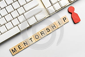 The row of wooden cubes with \'mentorship\' text and a red wooden peg doll
