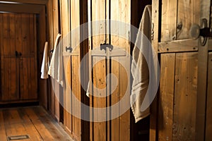 row of wooden lockers, doors ajar, towels hanging