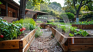 Row of Wooden Raised Beds Filled With Vegetables. Generative AI