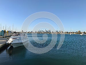 A row of yachts anchored at St. Kilda beach, Australia. November 2018