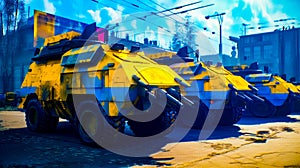 Row of yellow armored vehicles parked next to each other on street. Generative AI