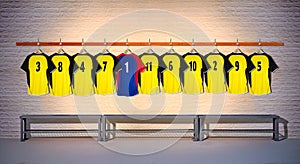 Row of Yellow and Blue Football shirts Shirts 3-5